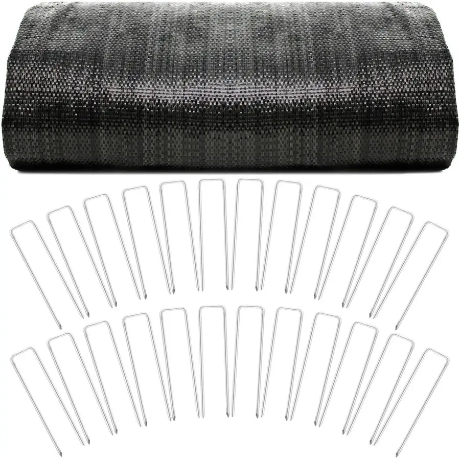 

Геотекстиль для ландшафтного дизайна и подложка 50 x 12,5 футов, сверхпрочный тканый геотекстиль для защиты от сорняков с 50 скобами для использования на открытом воздухе