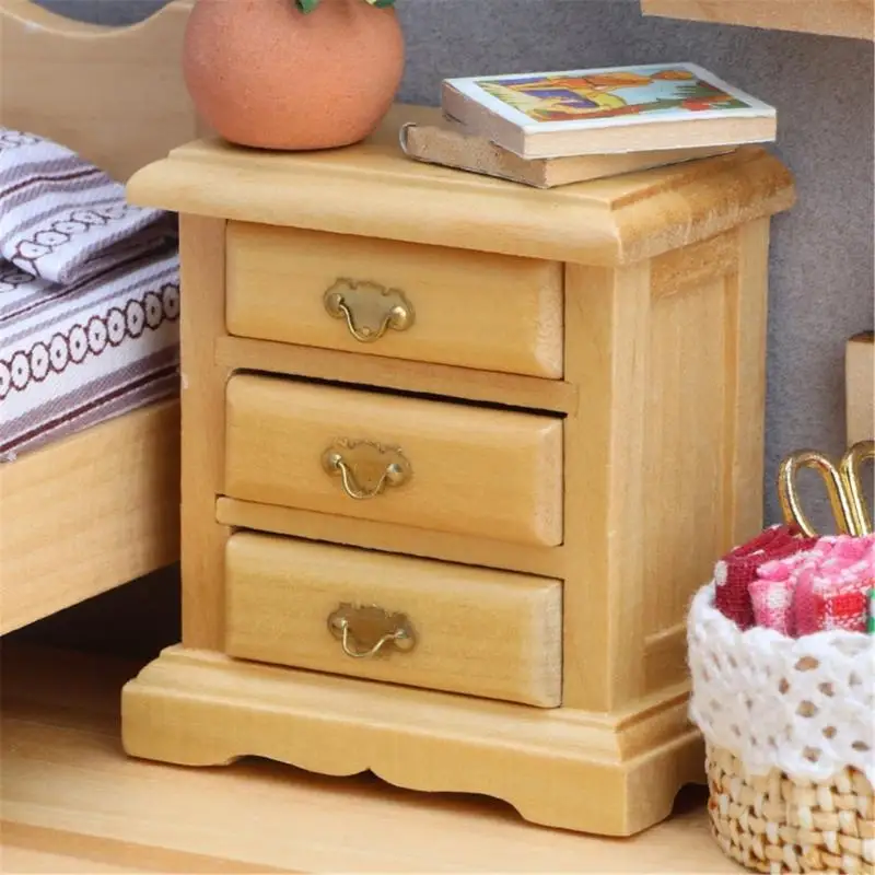 

1/12 Scale Dollhouse Miniature Wooden Bedside Table Model Mini Nightstand Drawer Dresser For Dollhouse Bedroom Cabinet