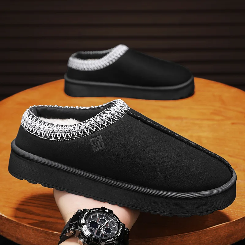2024 Men\'s Fleece-fur Warm Thick Sole Slippers Sponge Sole Cotton Shoes Winter Without Heel Men\'s Leisure Cotton Shoes