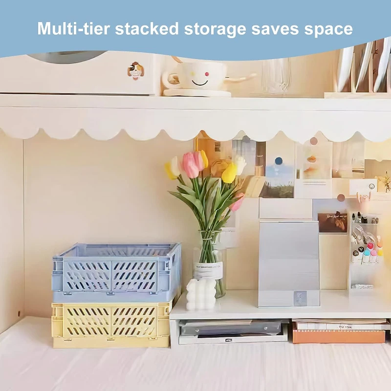 5 Pack Kawaii Collapsible Crate Stacking Folding Storage Basket Plastic Desk Organizers for Home Kitchen Bedroom Bathroom Office