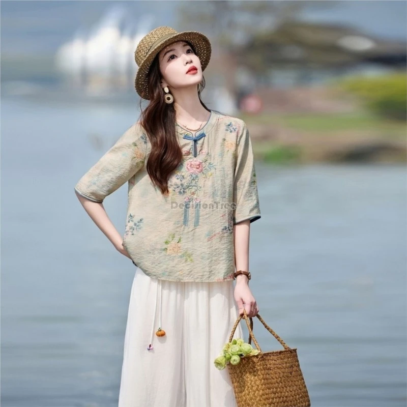 2026 new chinese style embroidery summer top female buckle T-shirt shirt small top women's simple breathable retro qipao tops