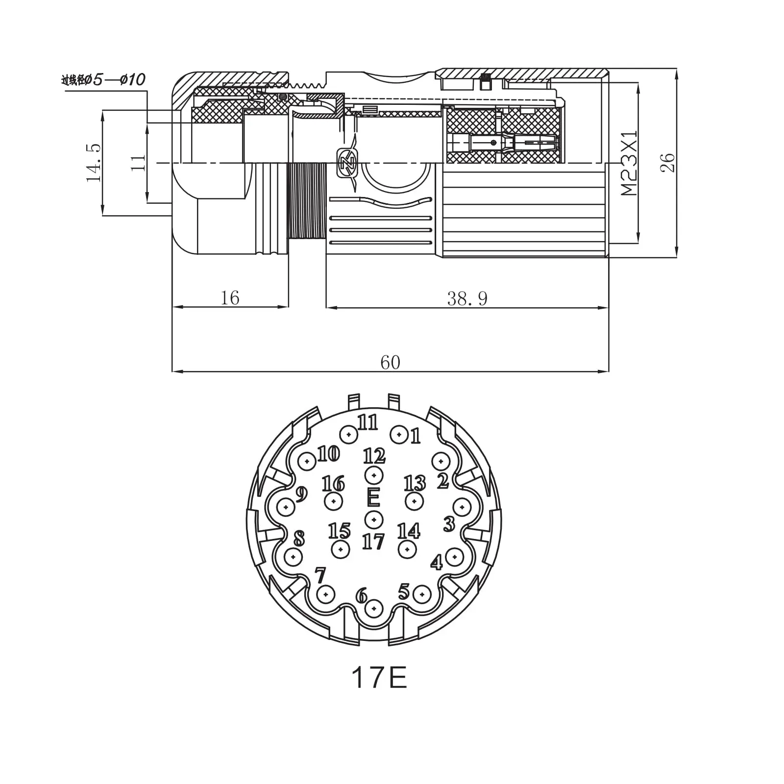 M23 17 Pin Female Circular Connector, Straight Cable Plug, Metal Joint, Shielded Design for Industrial Signal Applications