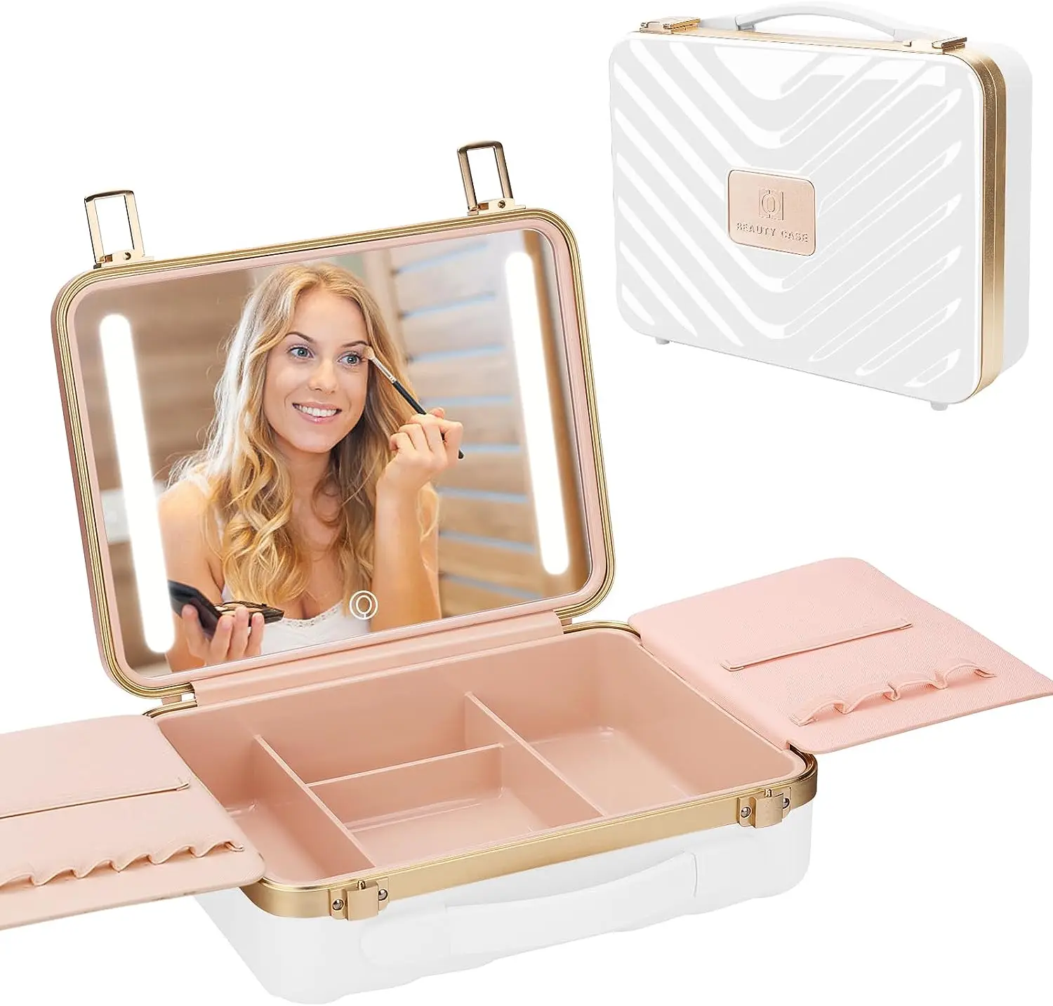 Customize Portable Travel Smart Foldable Touch Screen Pu Cosmetic Vanity Case Storage Makeup Organizer Box With Led Light Mirror