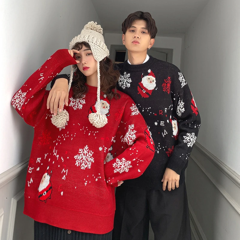 Women Sweaters Couple Outfit Round Neck Knitted Thickened Loose Fitting Santa Claus Christmas Attire Pullover Autumn Winter