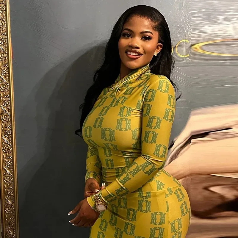 

Women's Turtleneck Long Sleeve Pleated Hips Wrapped Long Dress