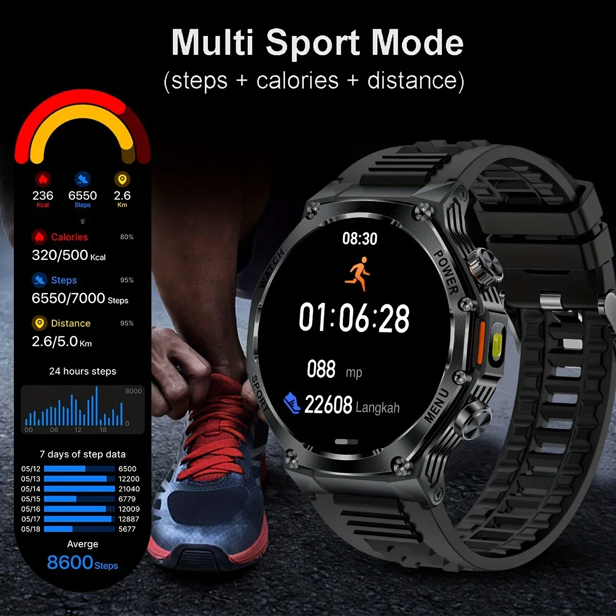 

Rugged Outdoor Sports Smartwatch 1.85" HD Touchscreen 800mAh Long Battery Life Fitness Tracker Calorie Distance Smart Watch Men