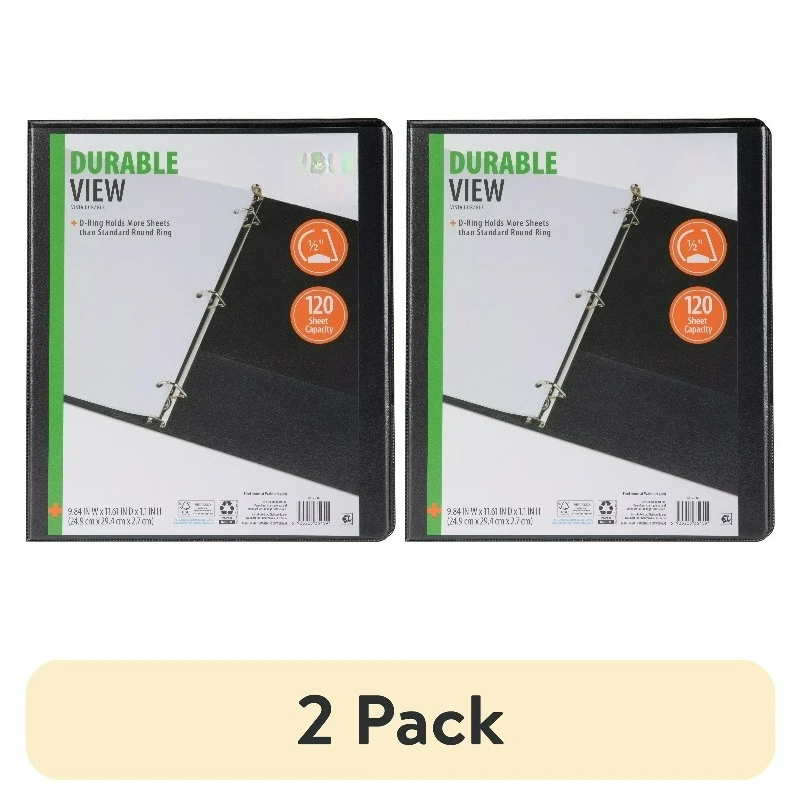 

(2 pack) Durable View Binder, 1/2‑Inch D‑Ring, Black, 1‑Pack, 120‑Sheet Capacity