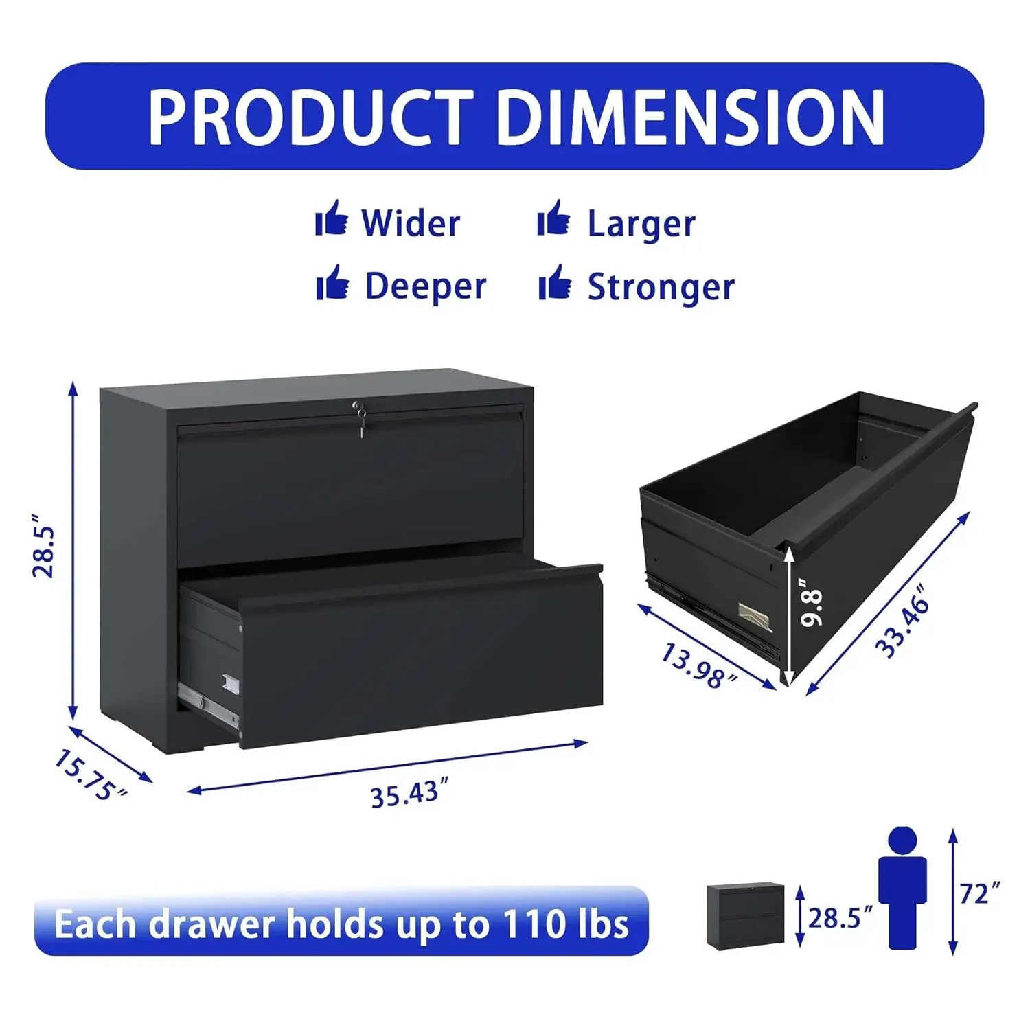 #2 Drawer Lateral File Cabinet Lockable Metal for Home Office Legal Letter A4 F4 Size, Customized 5