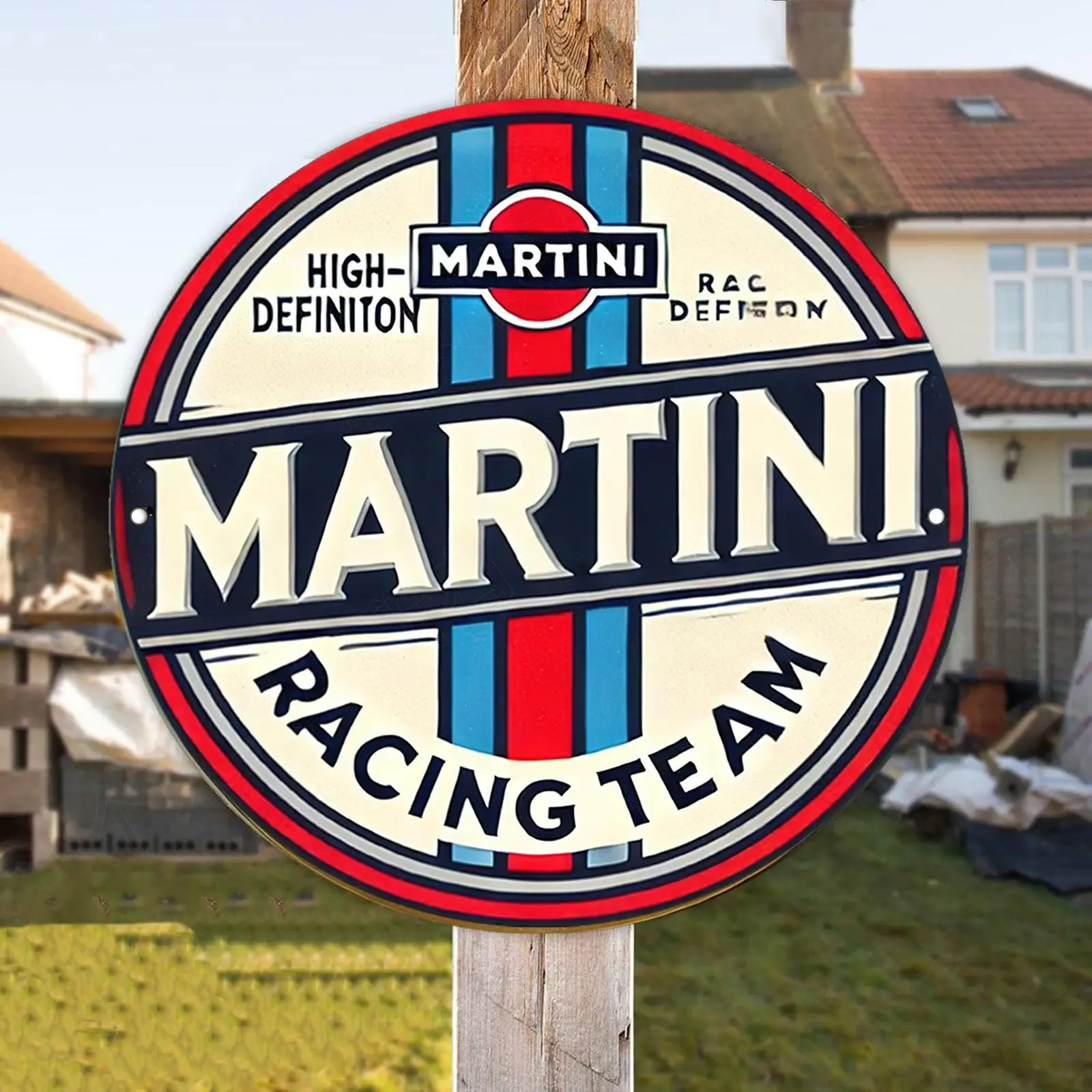 2D Flat - Vintage Martini Racing Team Metal Sign - 19.99cm Round Aluminum Wall Decor, High-Definition Print with Striking Red, B