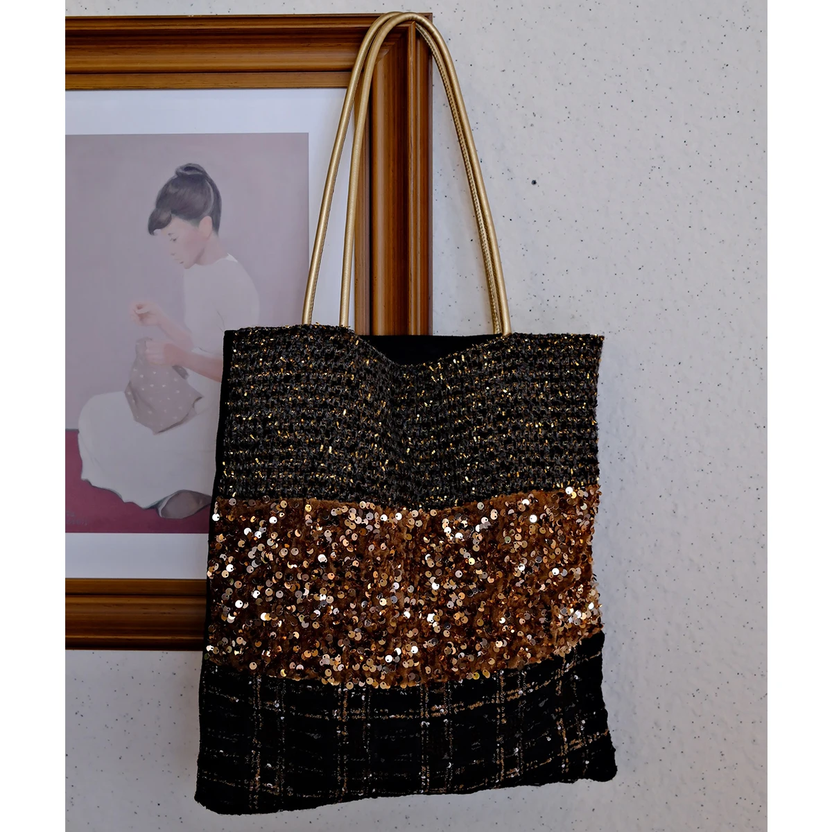 Women Patchwork Tweed Sequin Tote Bag Glitter Sparkly Fabric Gold Handle Shoulder Handbag Ladies Daily Shopping Party Purse
