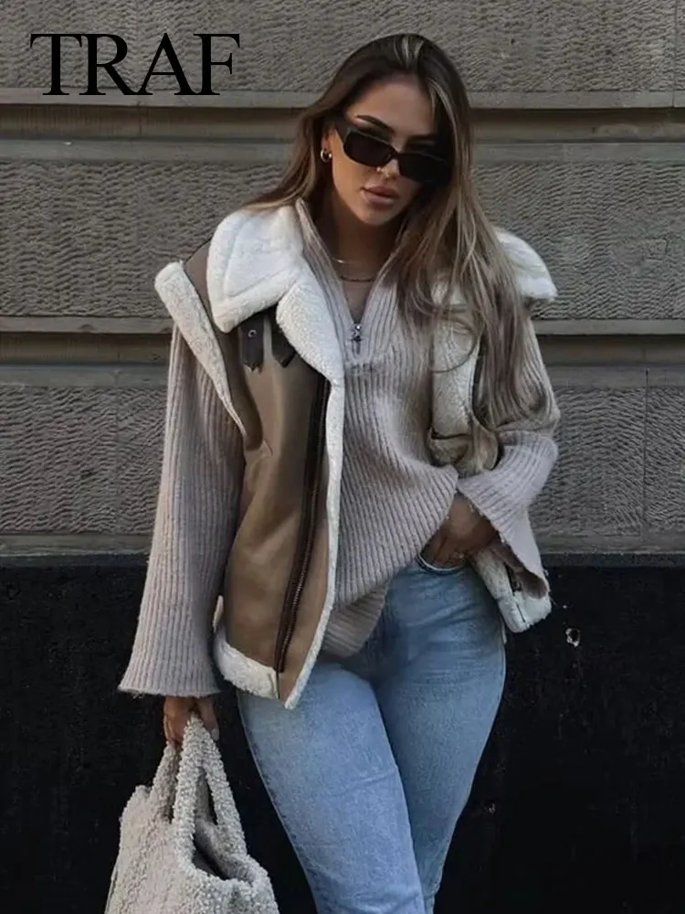 TRAF 2023 Winter Women\'s Fashionable Brown Roupa Warm Thickened Oversized Vest Sleeveless Loose Jacket Women\'s Cropped Tops