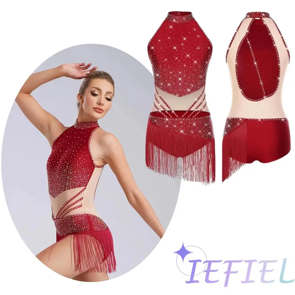 

Women Girls Sleeveless Tassels Latin Tango Jazz Salsa Dancewear Rhythmic Gymnastics Acrobatics Leotard Dance Competition Costume