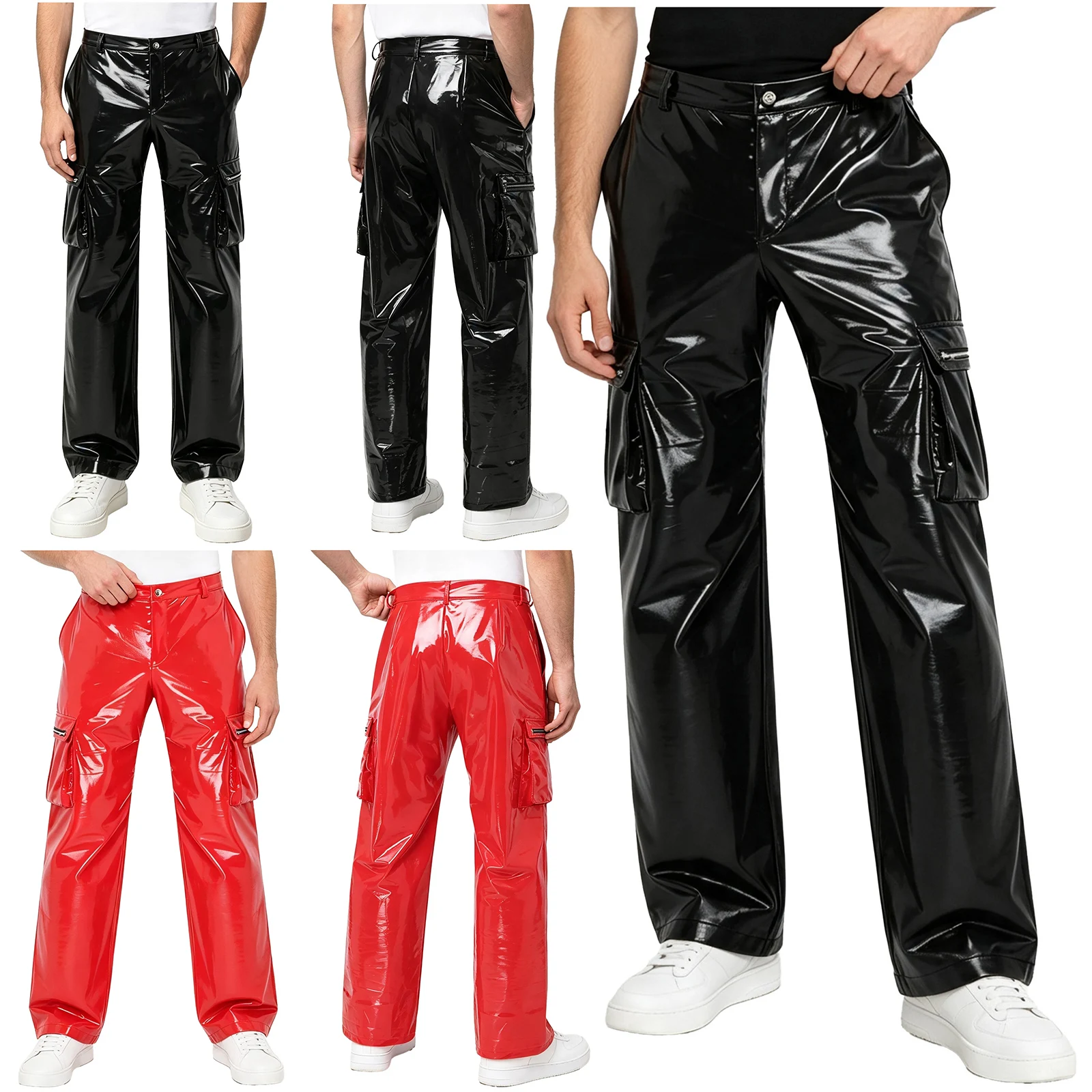 Men Glossy PU Leather Cargo Pants Multi-pocket Straight-leg Punk Trousers Y2k Streetwear for Stage Performance Rave Halloween