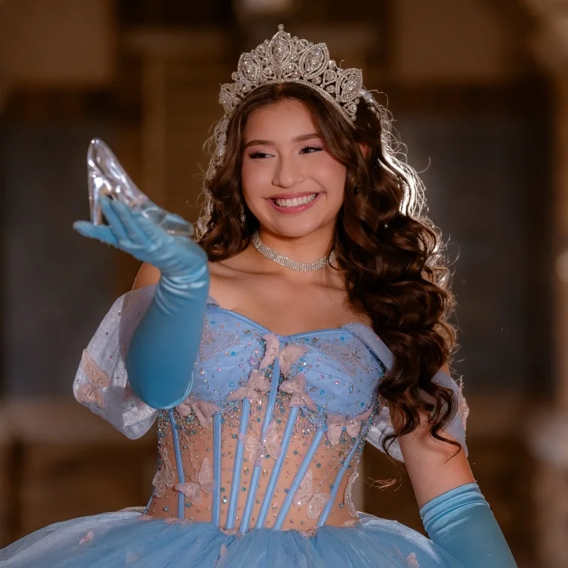 

Customized Shiny Blue Quinceanera Dresses Off the Shoulder crystal butterfly applique Long tail Vestido 15 Quinceanera