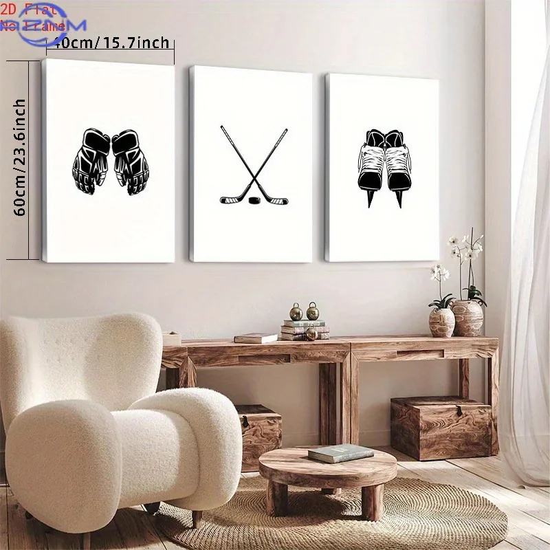 3pcs Frameless Minimalist Hockey Stick, Ice Skates & Punching Sports Poster - Vertical Black/White Suitable for Indoor Home, Do