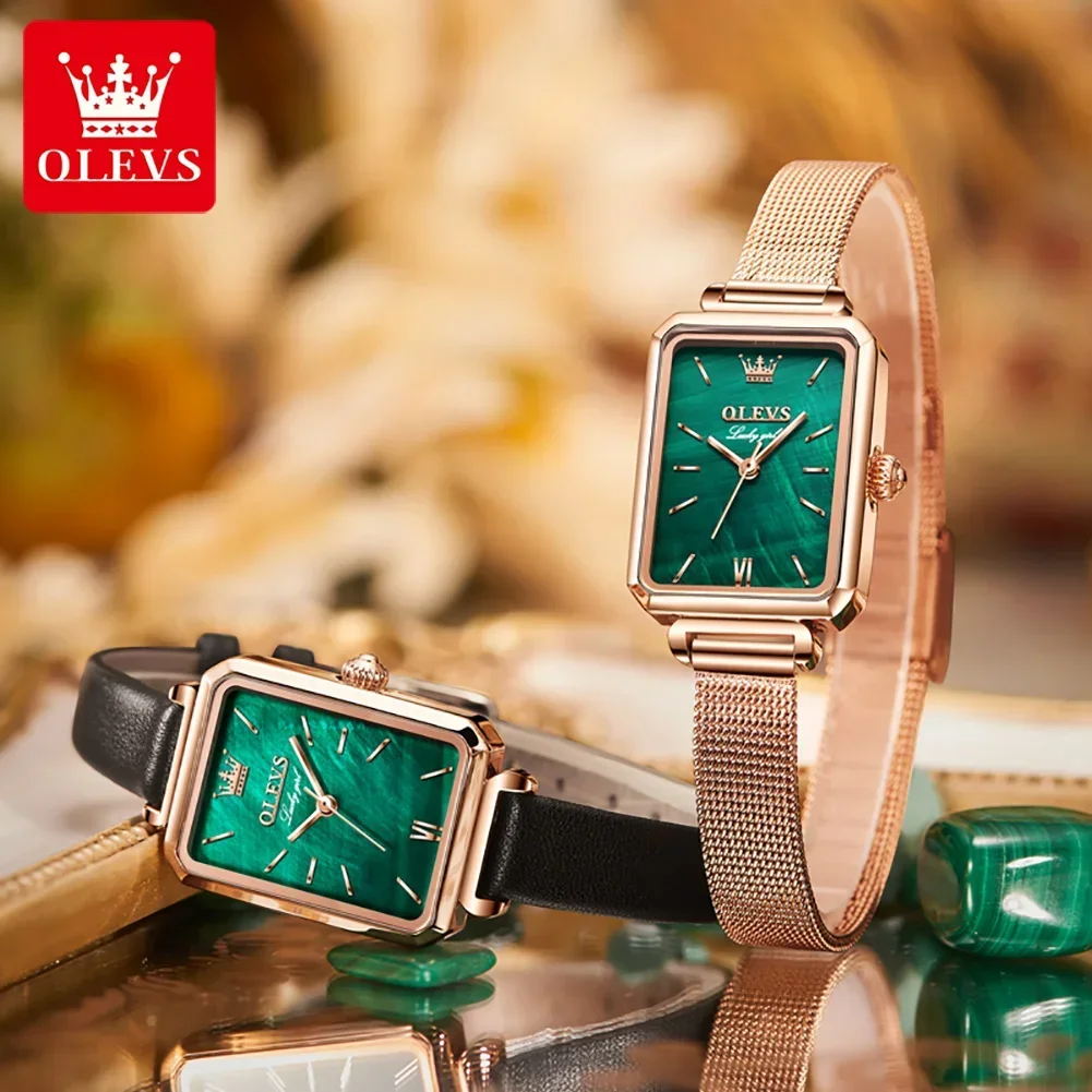 

OLEVS Original Quartz Watch for Women Luxury Green Square Women's Watches Waterproof Mesh Steel Strap Wristwatch Gift Set Reloj