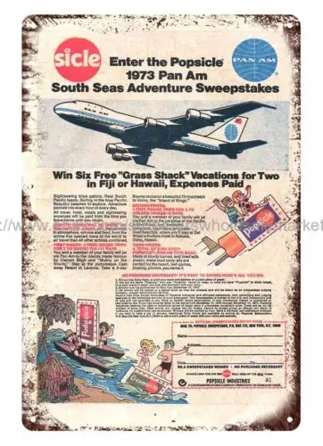 1973 Pan Am South Seas Adventure Sweepstakes comic ad metal tin sign wall art