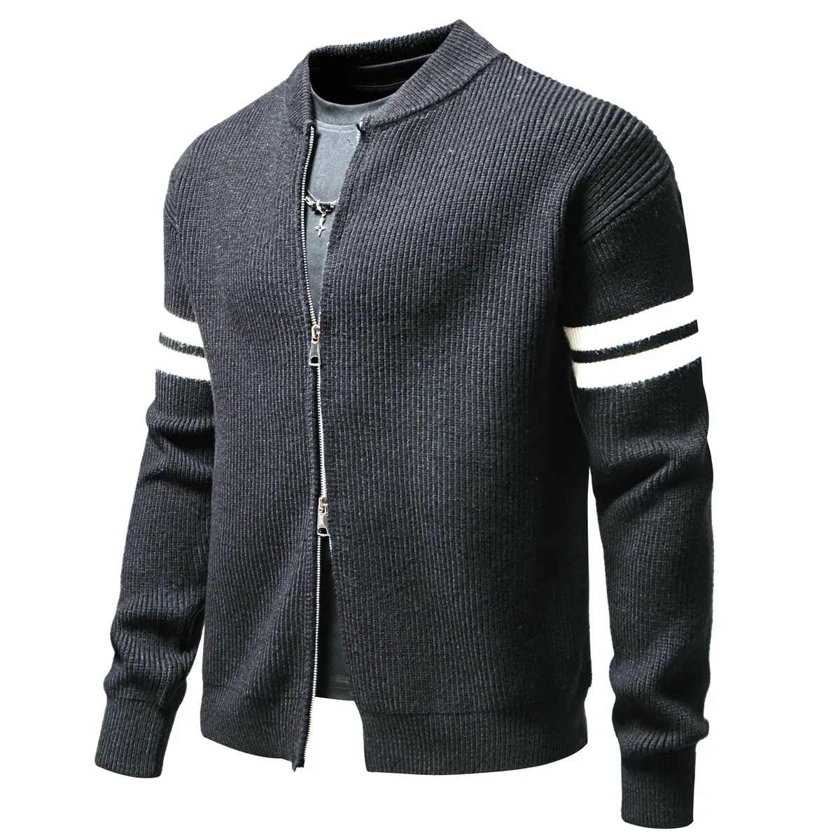 Men's New Autumn and Winter Fashion Comfortable Round Collar Long Sleeve Slim Horizontal Striped Top Zipper Coat