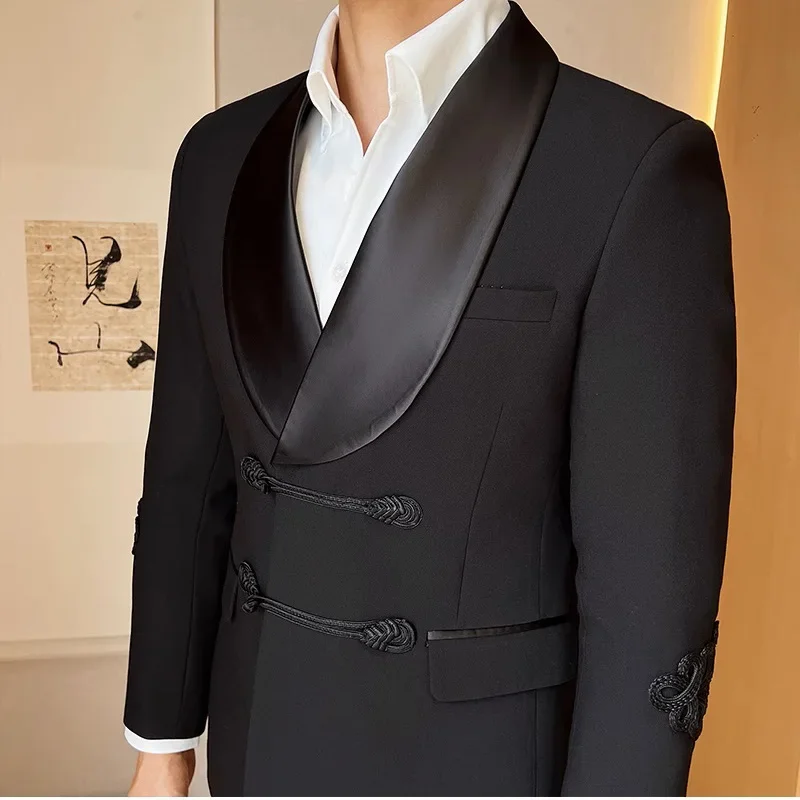 Men Vintage Luxury Style Slim Fit Wedding Groom Party Ceremony Tuxedo Suits 2 Pieces Sets Jacket Pant Man Stage Costume