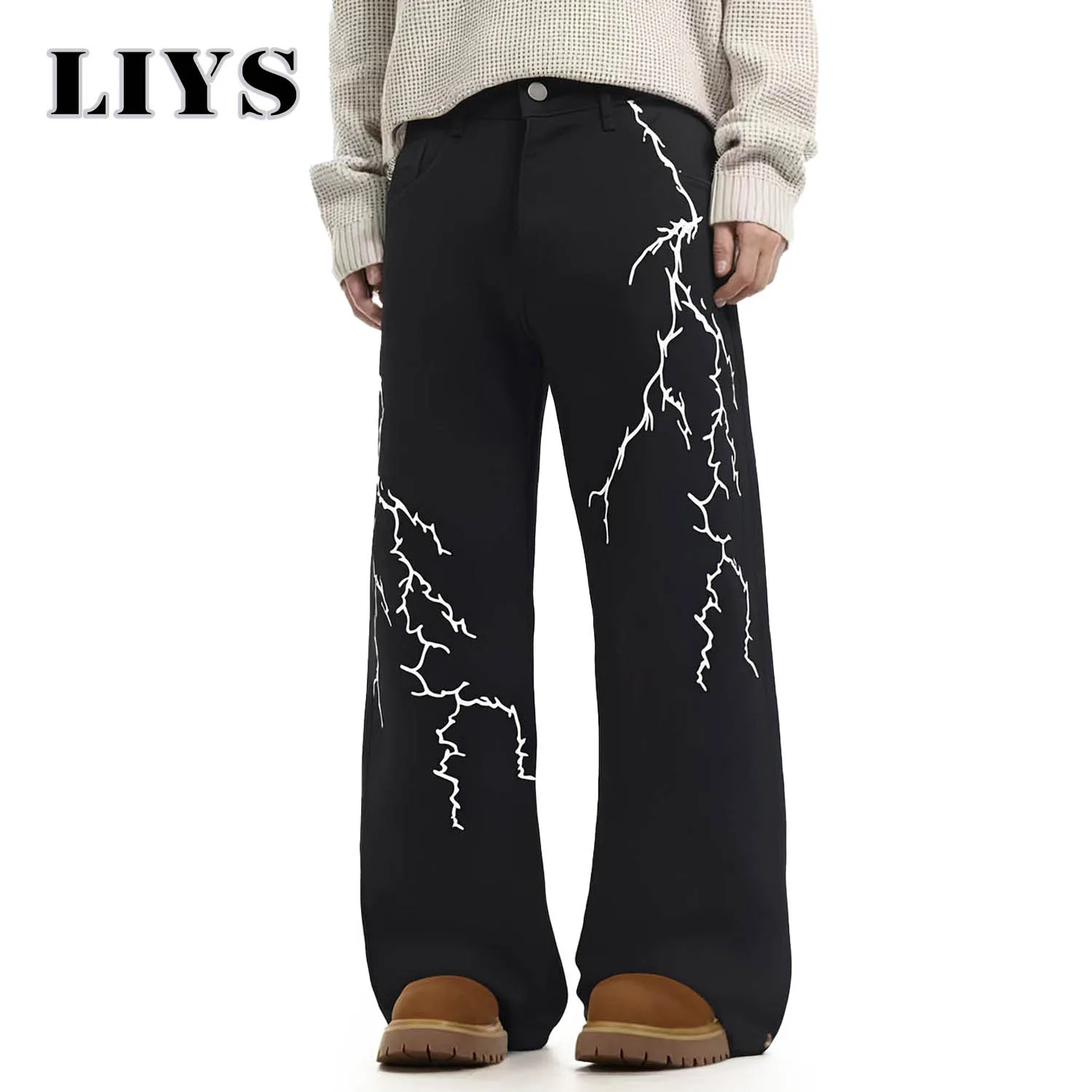 

Men's Lightning Printed Black Casual Jeans Autumn Solid Loose Straight Casual Cowboy Pants Niche Style Lightning Gothic Jeans