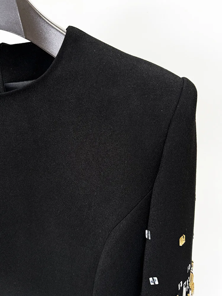 European Style Fine Workmanship Rhinestone Beading Half Sleeve O-neck Women Office Casual Wear Lady Midi Solid Dress