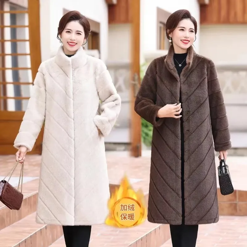 

5XL High-quality Winter Mink Fur Coat Women Thick Warm Long Imitation Mink Velvet Fur Outwear Middle-Aged Mother Woolen Jacket