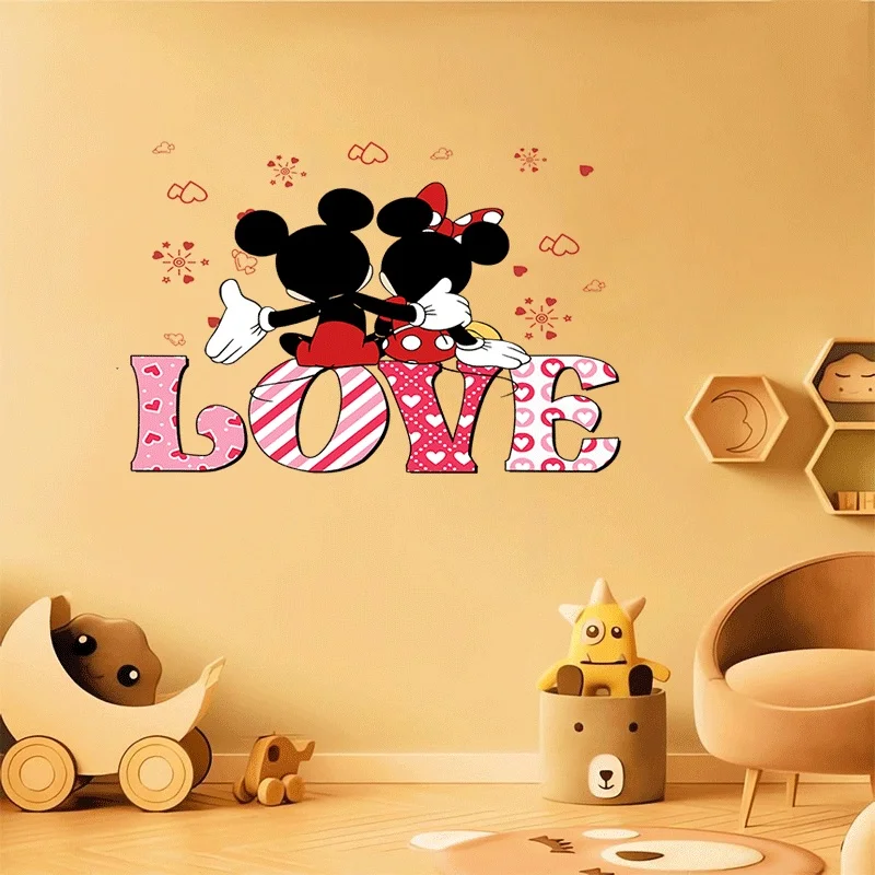 1 ملصق حائط ديزني ميكي وميني تحت عنوان عيد الحب - ميكي وميني بنمط قلب يتميز بحروف الحب - مناسب للزجاج والجدران والثلاجات والمرايا وتزيين الغرفة وتصميم المرح #1