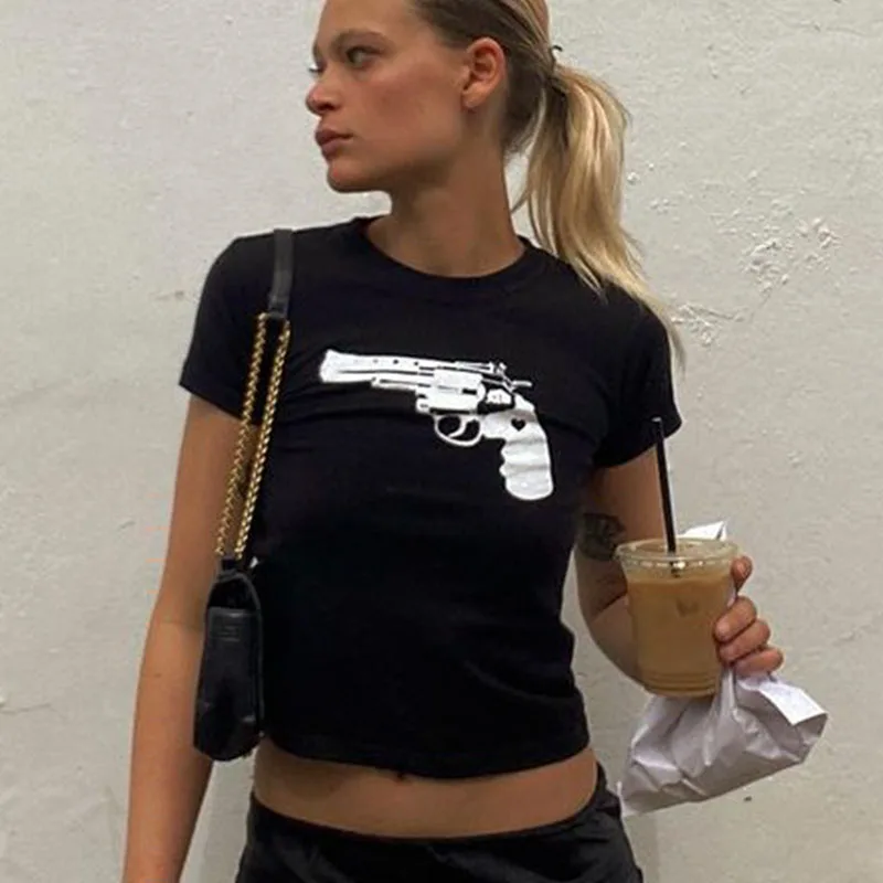 Women\'s Summer Skinny Crop Tops 2000s Gothic Grunge Print T-shirt Funny Short Sleeve Kpop Harajuku Streetwear Tees Y2k Clothes
