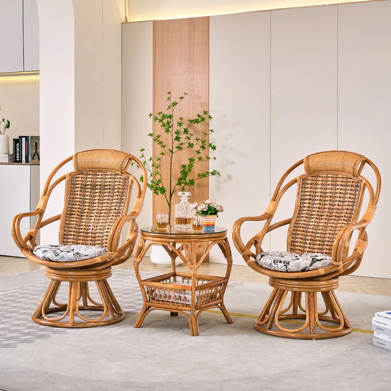 Indonesian plant real rattan furniture swivel lounge chair 360 degree swivel balcony chair combination set rattan