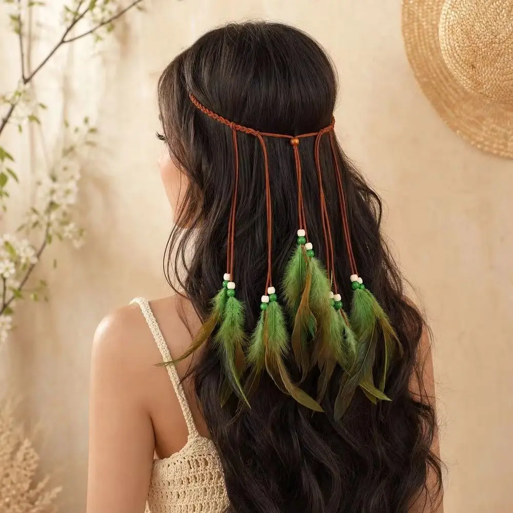 Cascading Tassels Bohemian Tassel Headband Intricate Beadwork Hand-tied Plumage Long Feather Headpiece Slip-knot Adjuste