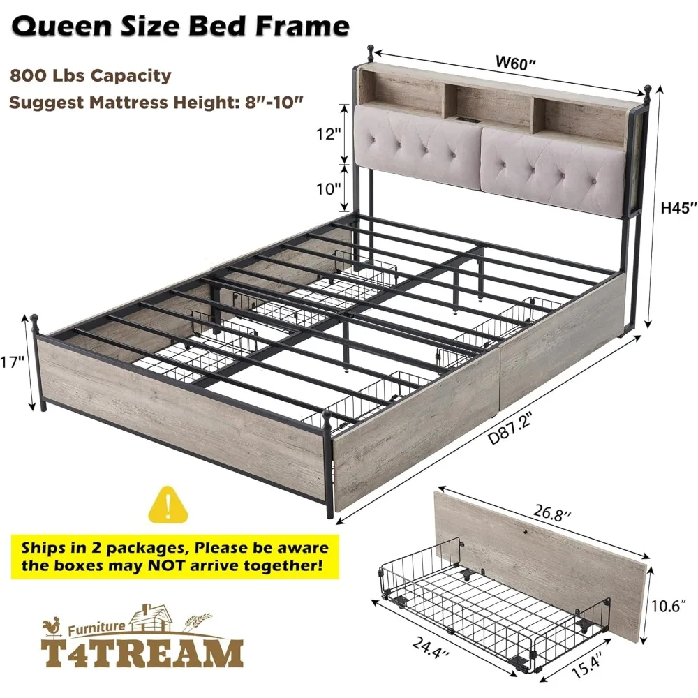 Armazenamento Estofados Cabeceira para Cama, Plataforma De Metal, Luzes LED Estação De Carregamento, Fácil Montagem, Sem Necessidade De Mola, 4 Gavetas