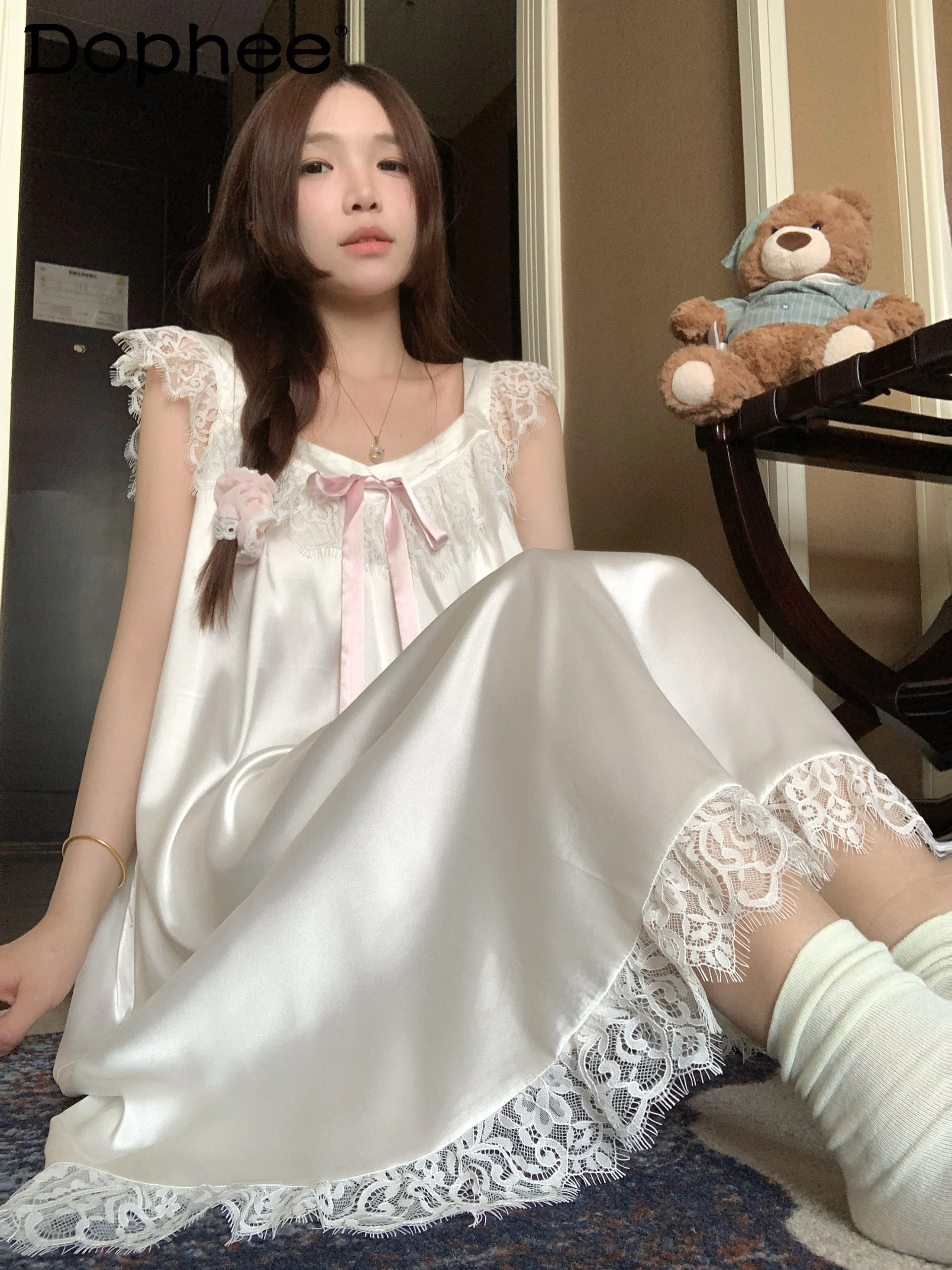 

Sweet Girl Ice Silk Nightdress for Women Summer 2025 New Lace Strap Nightgown Homewear Cool and Comfortable Can Be Worn Outside