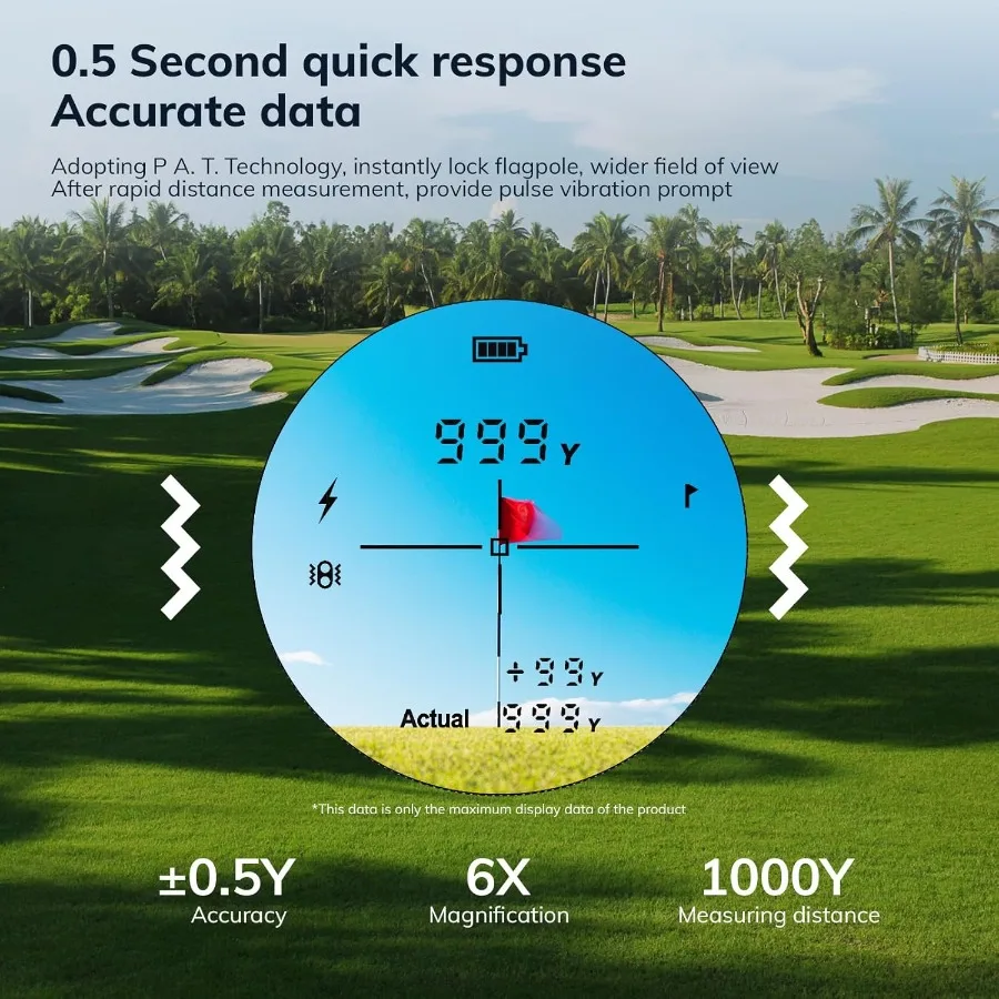 Mini telêmetro de golfe de alta precisão com recurso de travamento de bandeira de inclinação Ampliação 6X Design recarregável de alcance de 1000 jardas