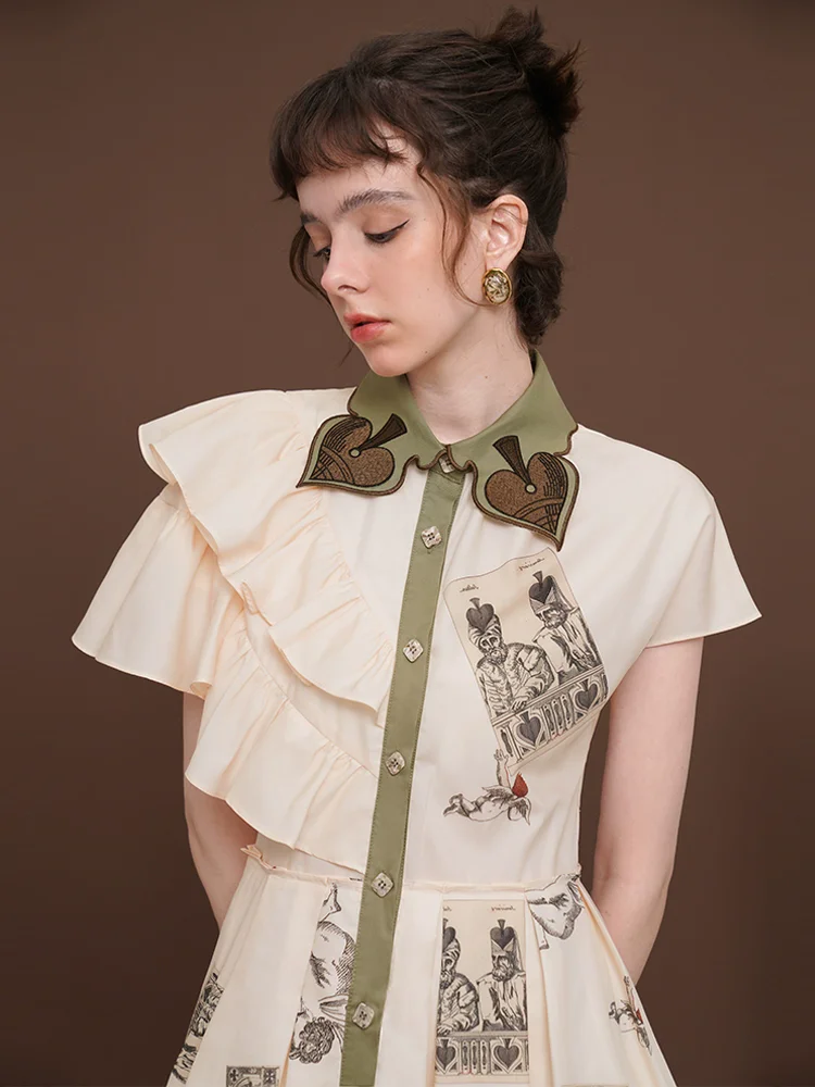 

Spring Summer Original Design Women Exquisite Poke Leaves Embroidery Print Shirts Dresses