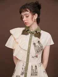 Spring Summer Original Design Women Exquisite Poke Leaves Embroidery Print Shirts Dresses