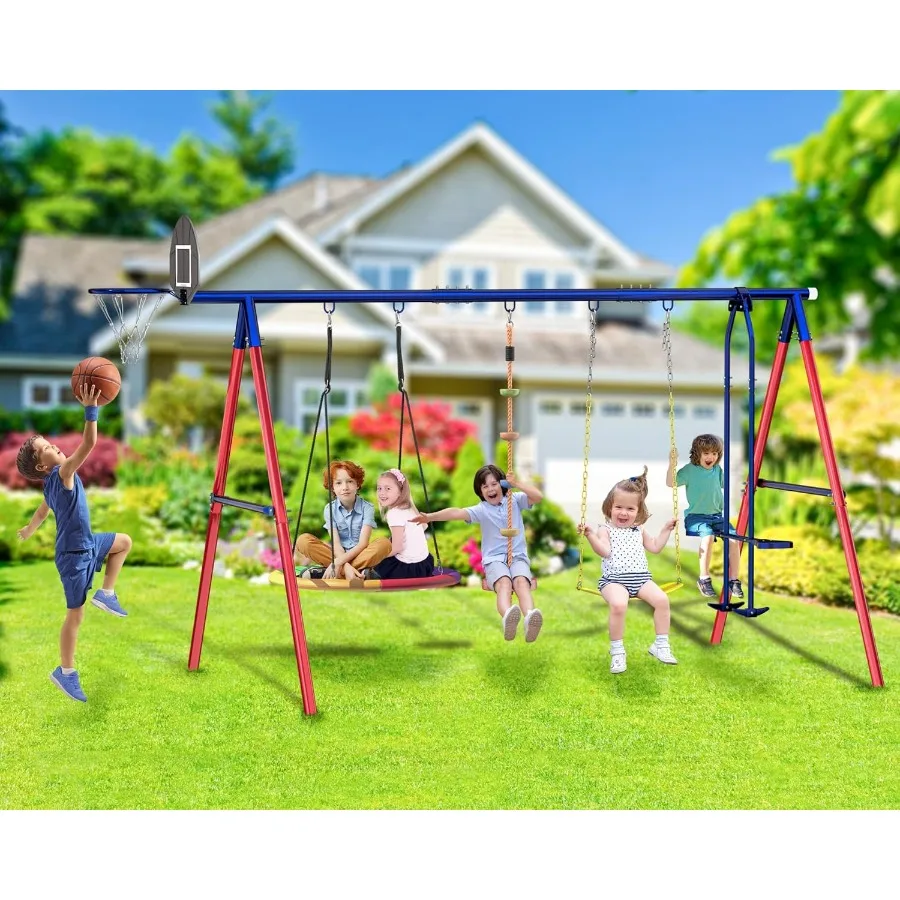 

5 in 1 Outdoor Swing Set for Backyard Aged 312: Durable Metal Frame with 3 Swings Glider and Basketball Hoop for Safe and Fun O