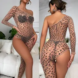 Women Bodysuit Lingerie Fishnet Sexy Porn Underwear Leopard Single Leg Bodystockings Transparent Lace Erotic Lingerie Costumes