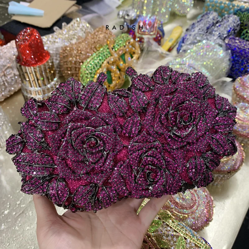 

Fashion Full Rhinestones Diamonds Flower Bling Evening Purse High Quality Clutch Bag Crossbody Women Luxury Party Tote Day Bag