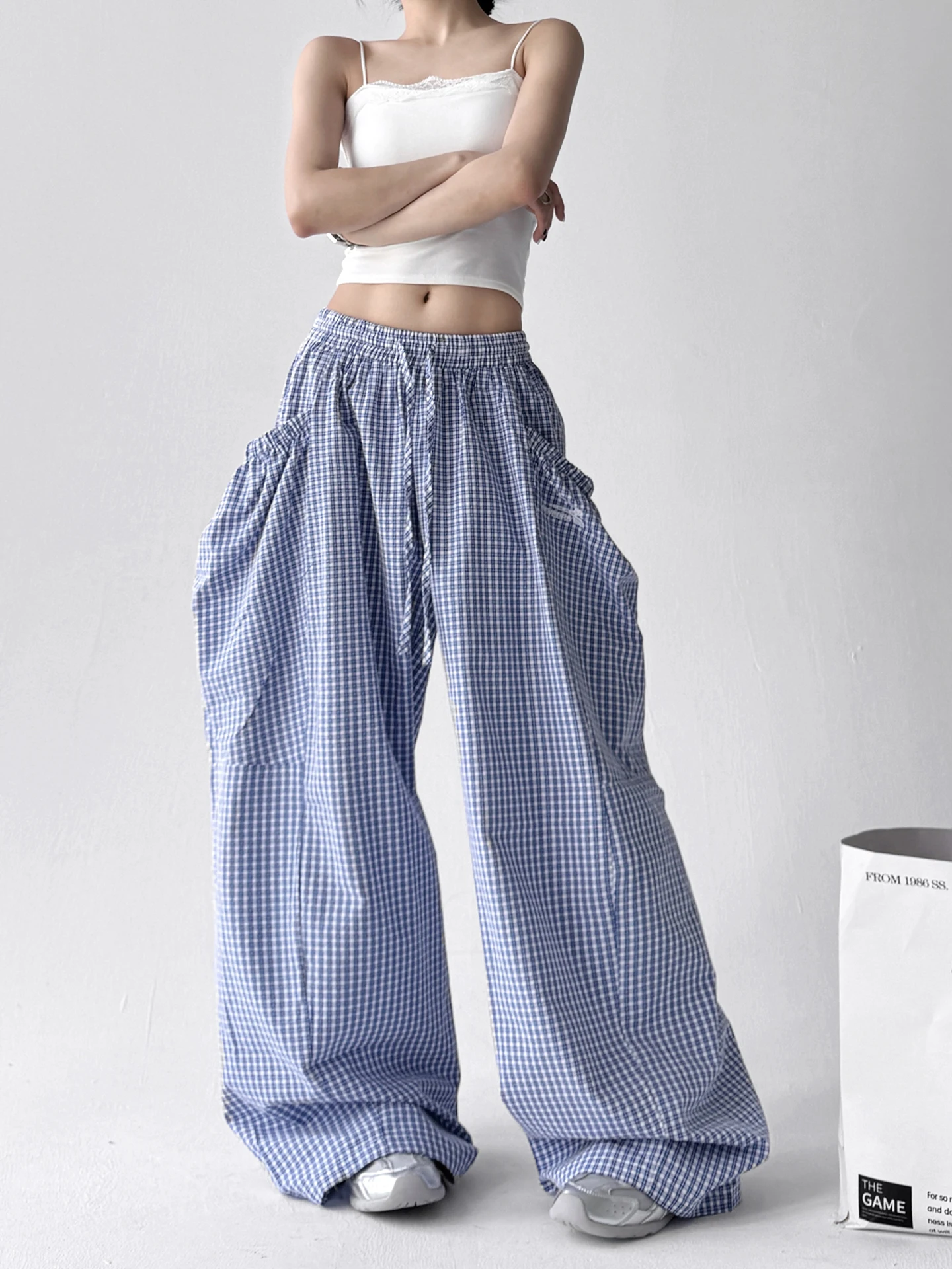 レトロアメリカンチェック柄ワイドレッグカジュアルパンツ レディース 夏新作 ルーズBF風 ラジースタイル エレニフパンツ ハイウエストストレートレッグ