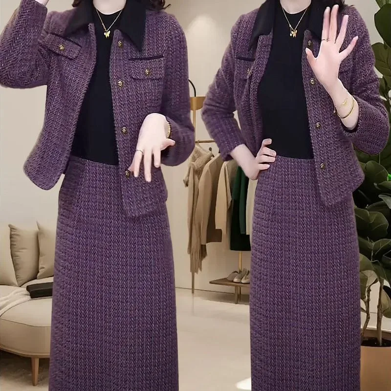 New Autumn Winter Tweed Women's Two Piece Set High End Fashion Long Sleeve Jacket + Elegant Midi Skirt Small Fragrant Suit
