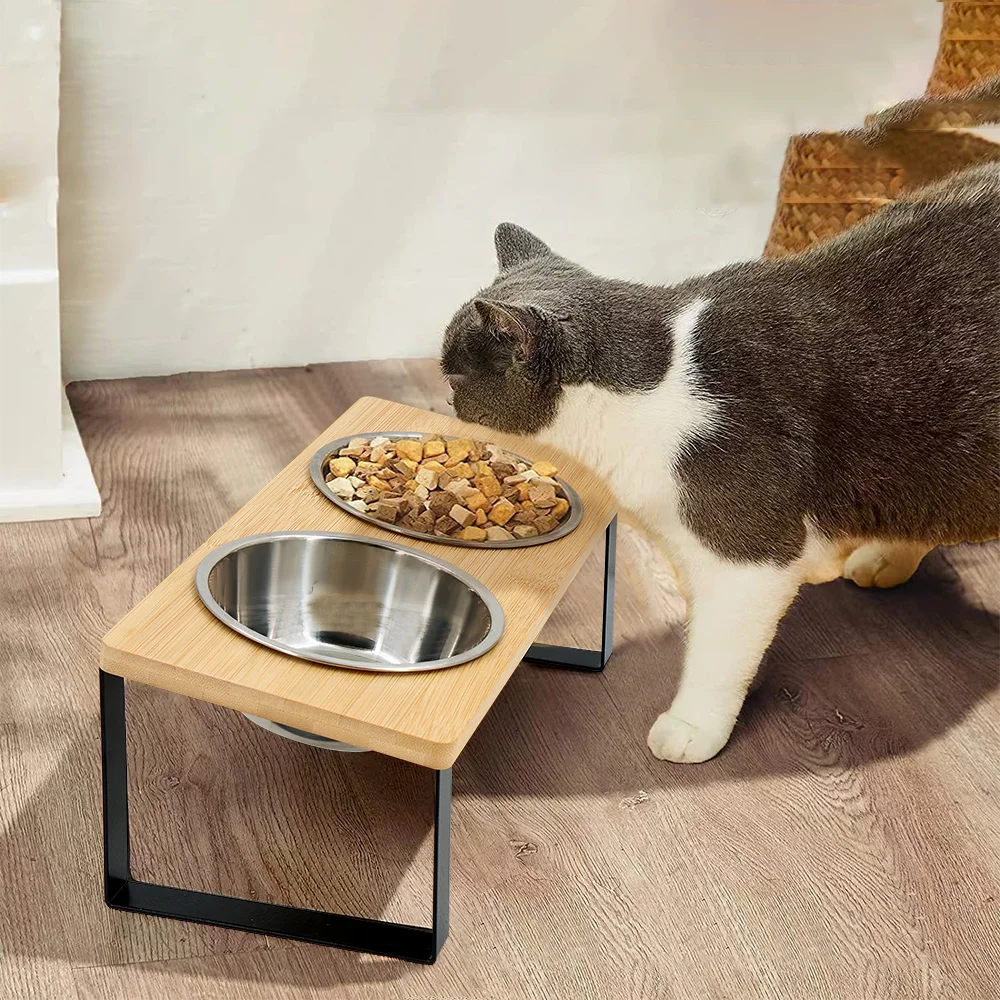 

Two-slot cat bowl 15° tilt bracket anti-vomiting elevated cat food bowl and water bowl 2 pieces stainless steel