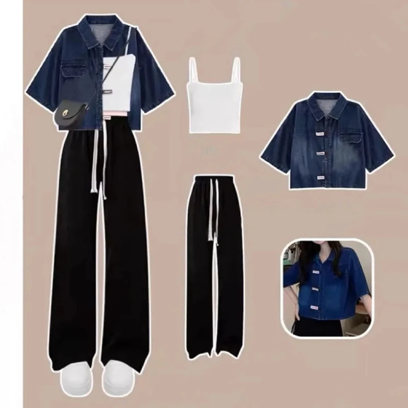 

Women Summer Slim Denim Short Coats Sling Wide Leg Pants 1 or Three Piece Set Korean Lady Casual Jackets Vest Trousers Outfits