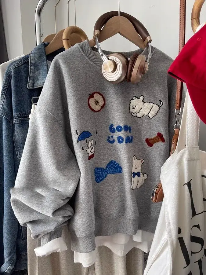 Gray Pullovers Puppy Embroidery Jacquard Weave Knitted Sweater Korean Winter Women Design Loose Kawaii Knitwear Jumpers Teens