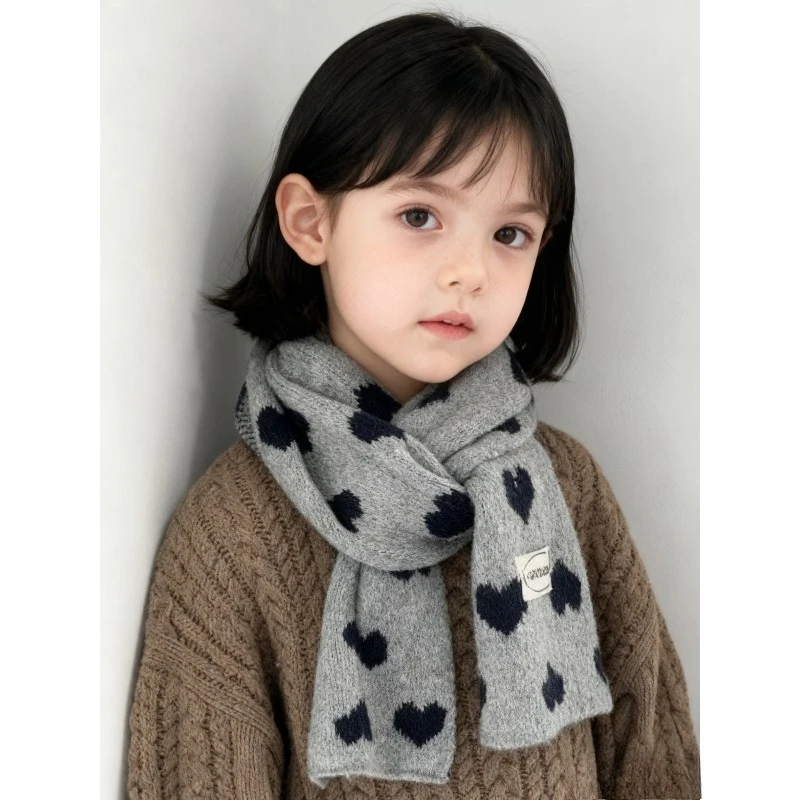 

Корейский модный детский шарф для детей от 3 до 14 лет, зимний теплый вязаный шарф с сердечками, модный стильный детский теплый шарф на шею, аксессуары