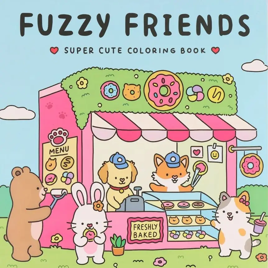 FUZZY FRIENDS Cute Comfy Coloring Book for Adults and Teens Featuring Adorable Creatures in Cozy Hygge Moments for Relaxation