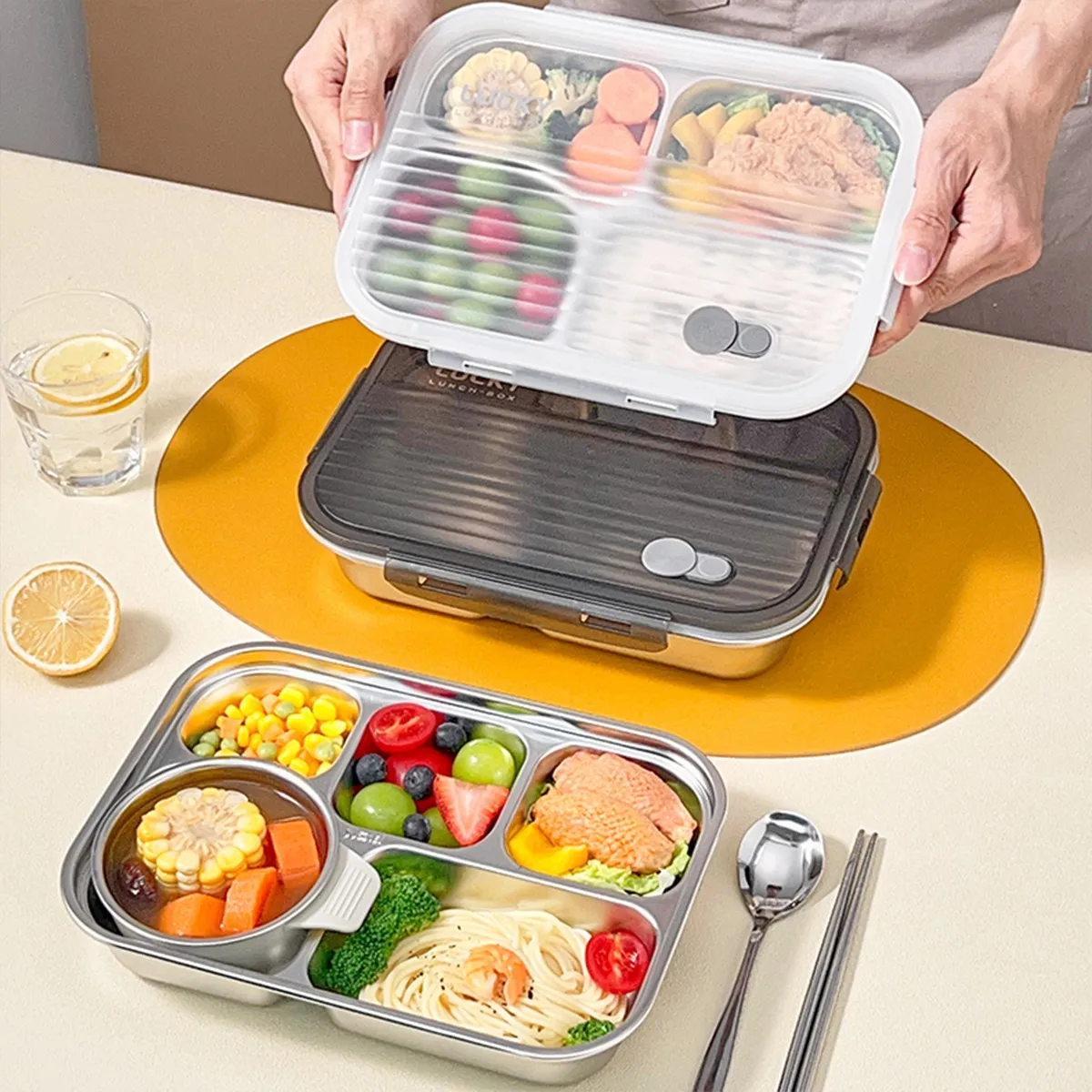Lonchera Bento de Acero Inoxidable 304 con 4/5 Compartimentos, Contenedor de Alimentos Sellado de Gran Capacidad con Tapa para Estudiantes y Trabajadores de Oficina