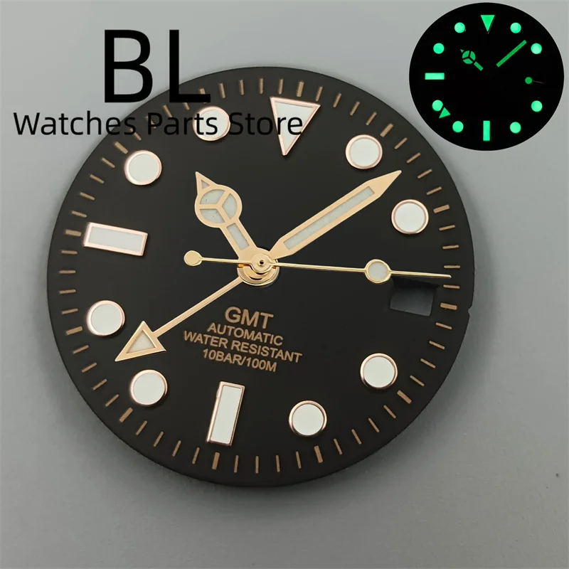 BLIGER 29mm GMT Watch Dial And  Gold Hands With Gold GMT Text Gold Index Green Luminous For NH34 Movement Black Green White Blue