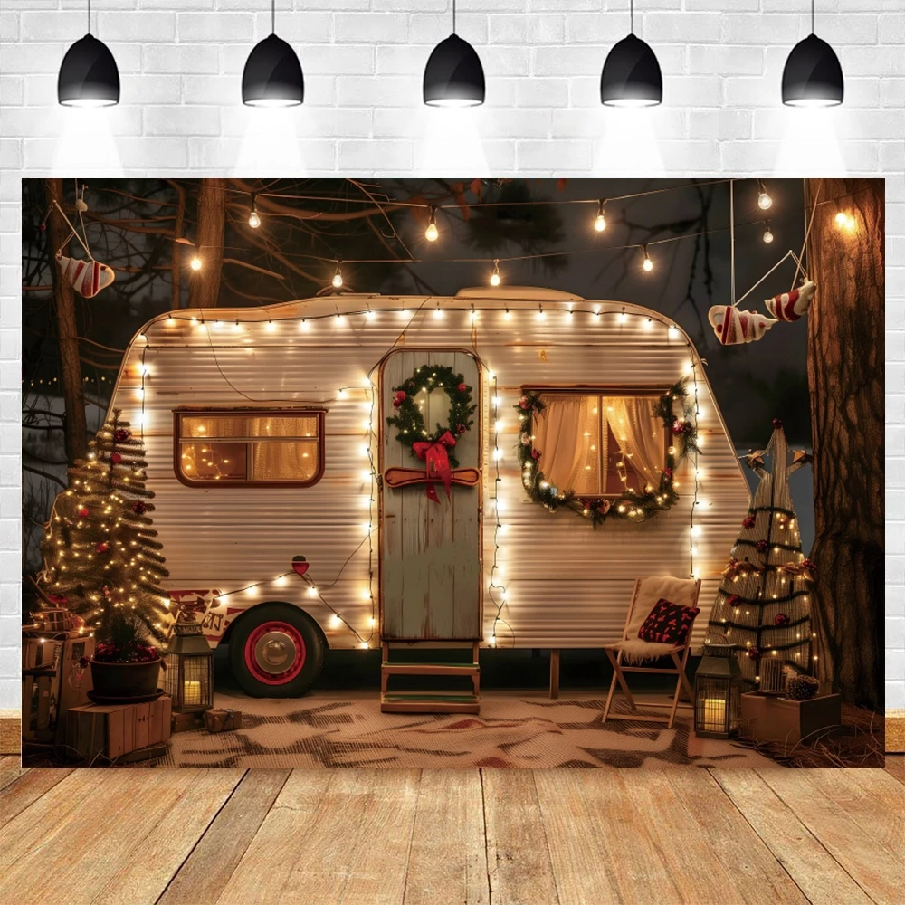 Winter Christmas Car Photography Background Camping Forest Snowy Bus Xmas Trees Kids Family Portrait Decor Backdrop Photo Studio