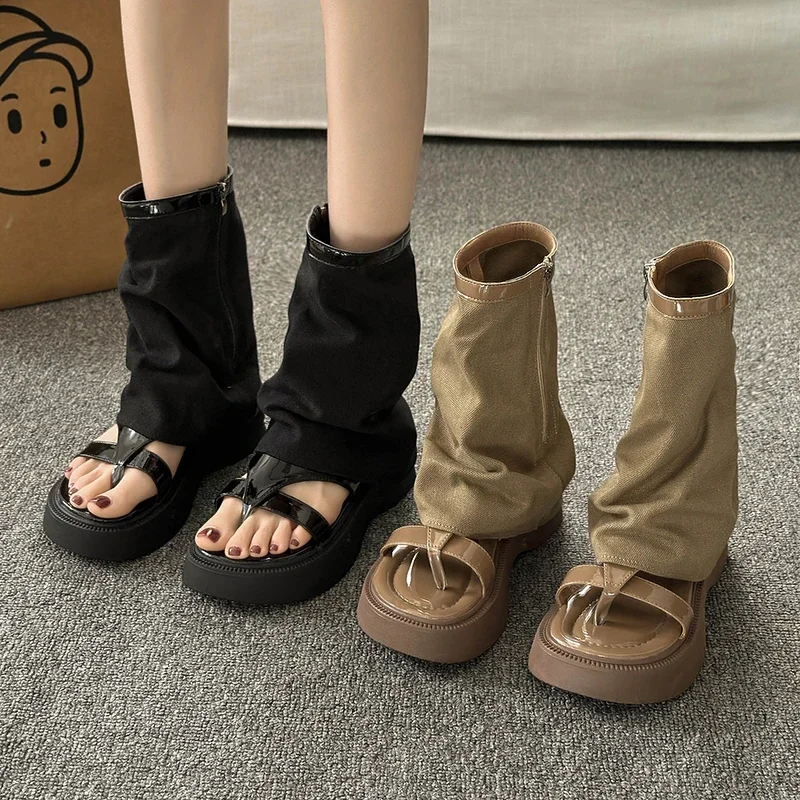 Designer Soft Leather Fashion Women Casual Open Toe Gladiator Wedges Sandals Outside Women Slippers Thick Sole Women Sandals