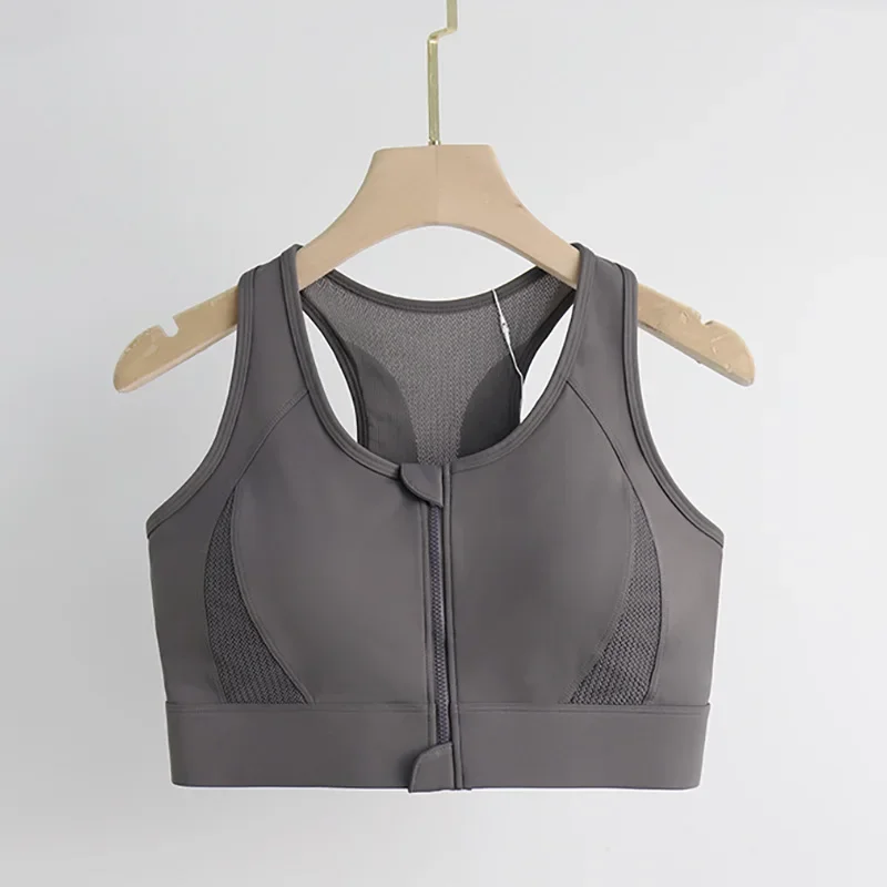 Front zipper fitness sports underwear women's high-strength mesh back fixing cup shock-proof yoga underwear